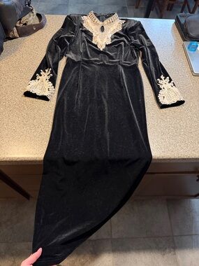 New Catchall Vintage Vibes Velvet Long Sleeve Dress with Ivory Lace Accents